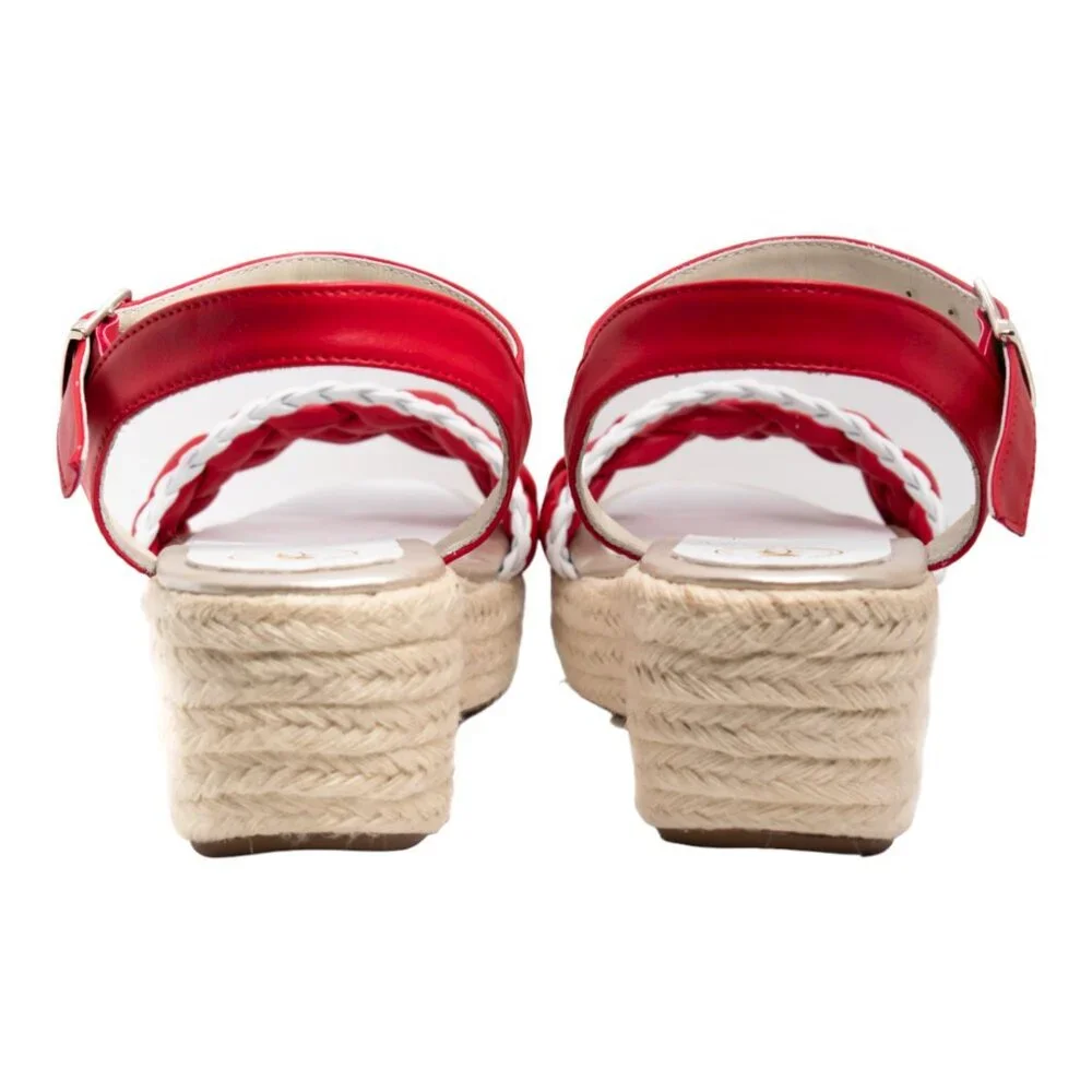 Red & White Braided Espadrille Wedge Sandal